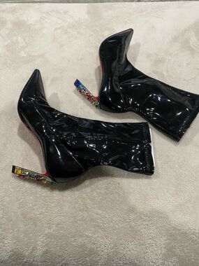 Christian Louboutin X MARVEL  Black Patent Ankle Boots with Embellished Heel